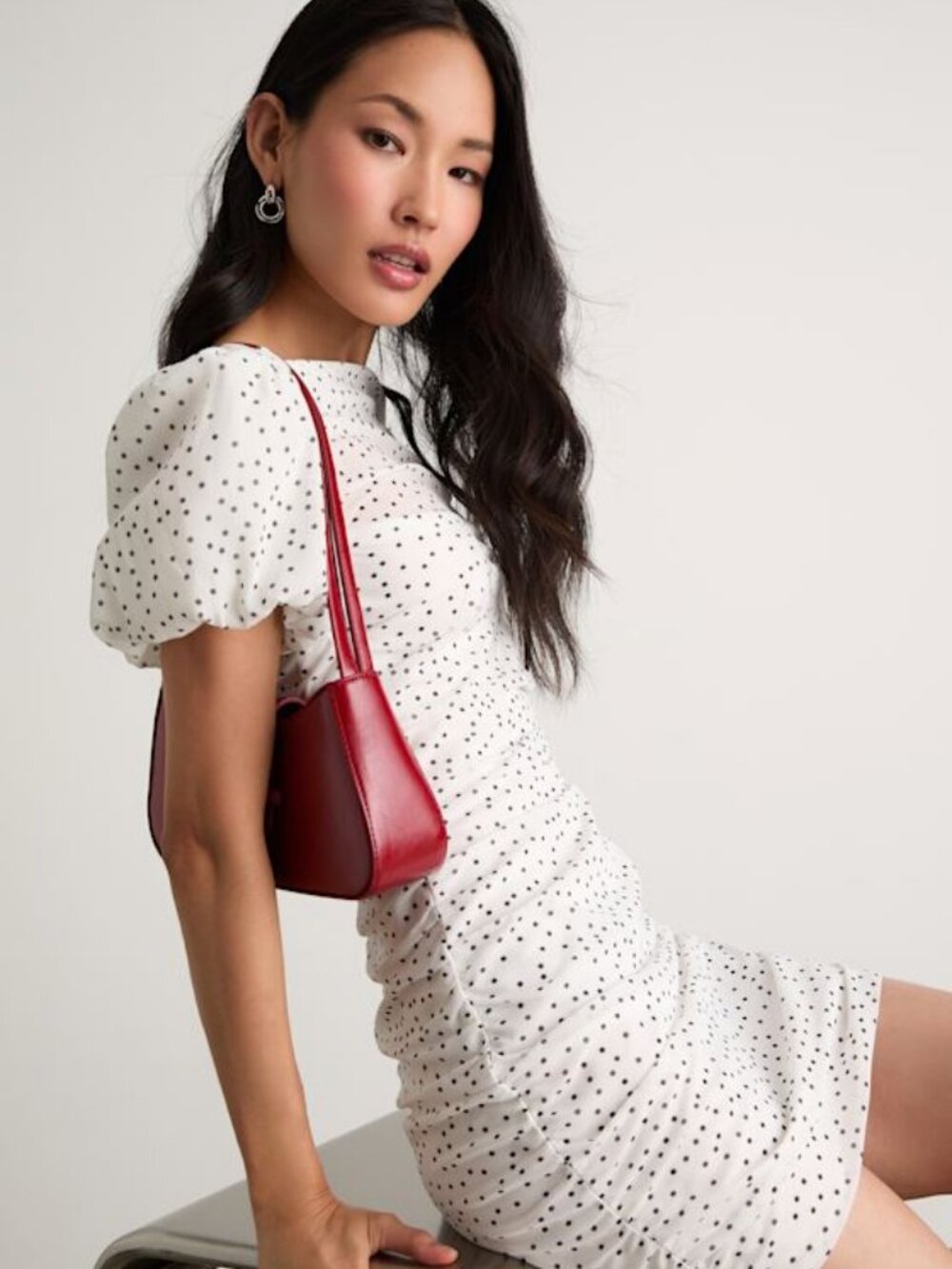 Lulus Claritza White Polka Dot Ruched Puff Sleeve Mini Dresses - Sizes S